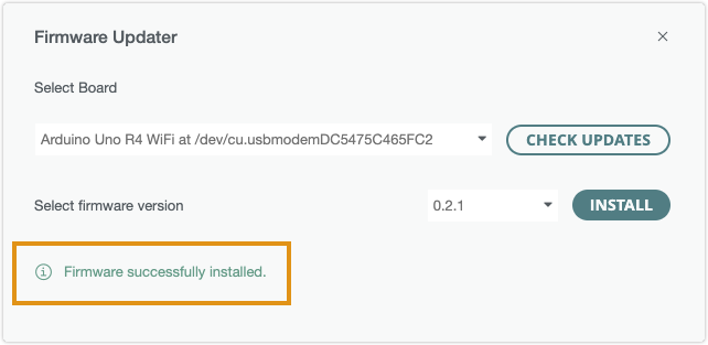 "Firmware successfully installed" message displaying on the Firmware Updater window