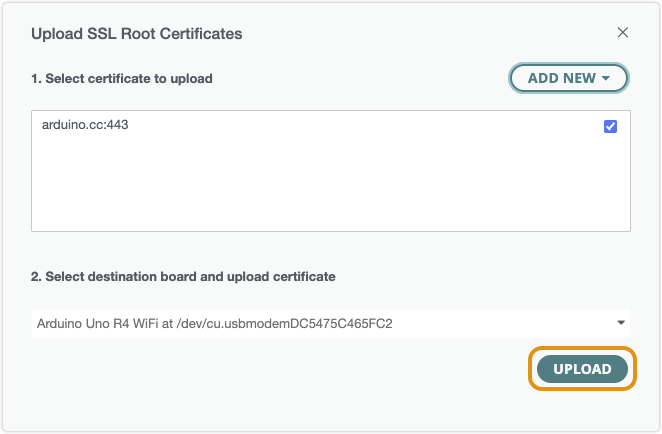 The Upload button in the Upload SSL Root Certificates tool.