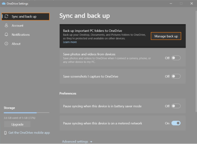 Microsoft One Drive "Sync and back up" and "Manage back up" highlighted