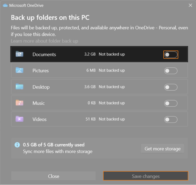 Microsoft One Drive "Back up folder on this PC" section