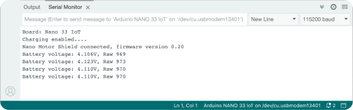 The Arduino Serial Monitor with the Nano Motor Carrier's firmware version and the battery voltage printed