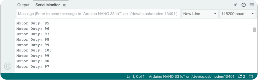 The Arduino Serial Monitor with the Motor Duty Cycle printed