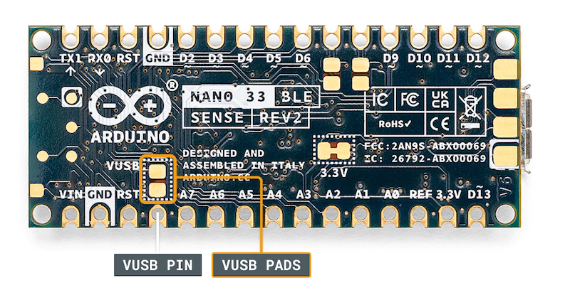 The VUSB pads on the Nano 33 BLE Sense