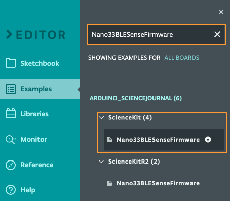 Opening the Nano33BLESenseFirmware example from the Arduino_ScienceJournal library.