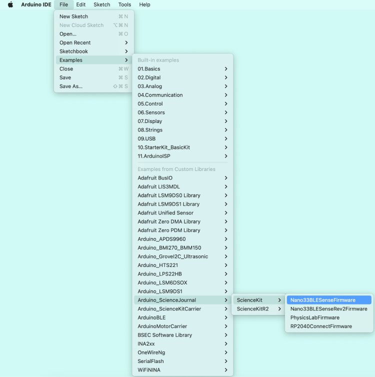 Arduino IDE 2 with the Nano33BLESenseFirmware example in the File>Examples menu