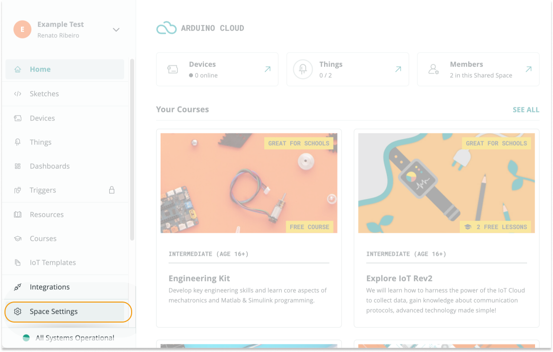 Selecting Space Settings in the leftmost sidebar