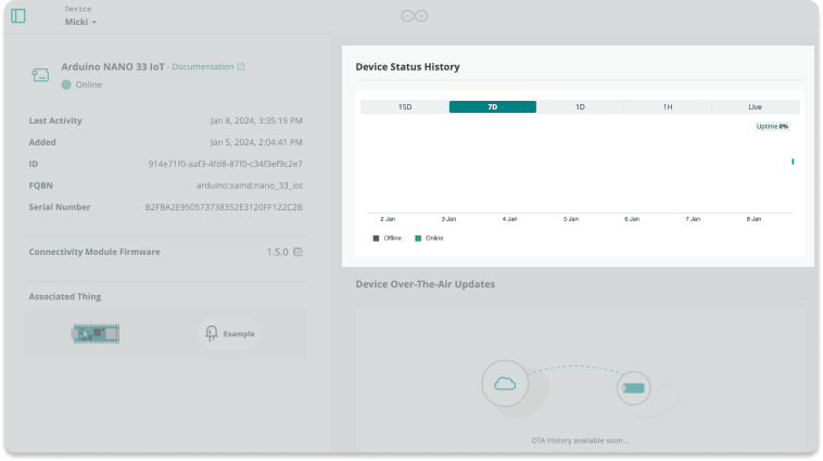 Page with more information about a device, with the Device Status History feature highlited