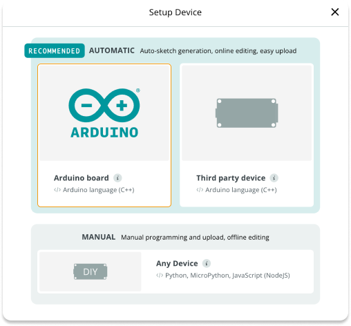 Setup prompt, "Set up an Arduino device" is highlighted