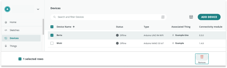Delete button visible when several devices are selected