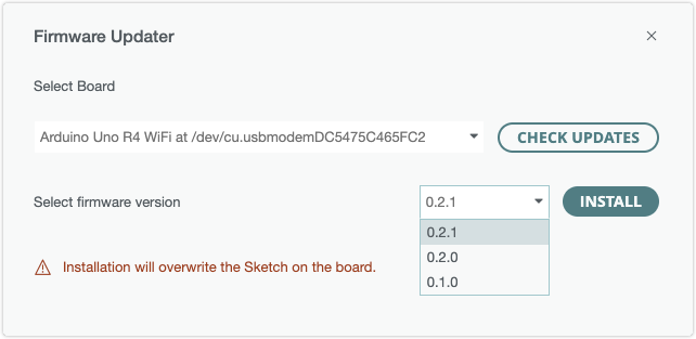 Firmware Updater window displaying selected firmware version and the "install" button