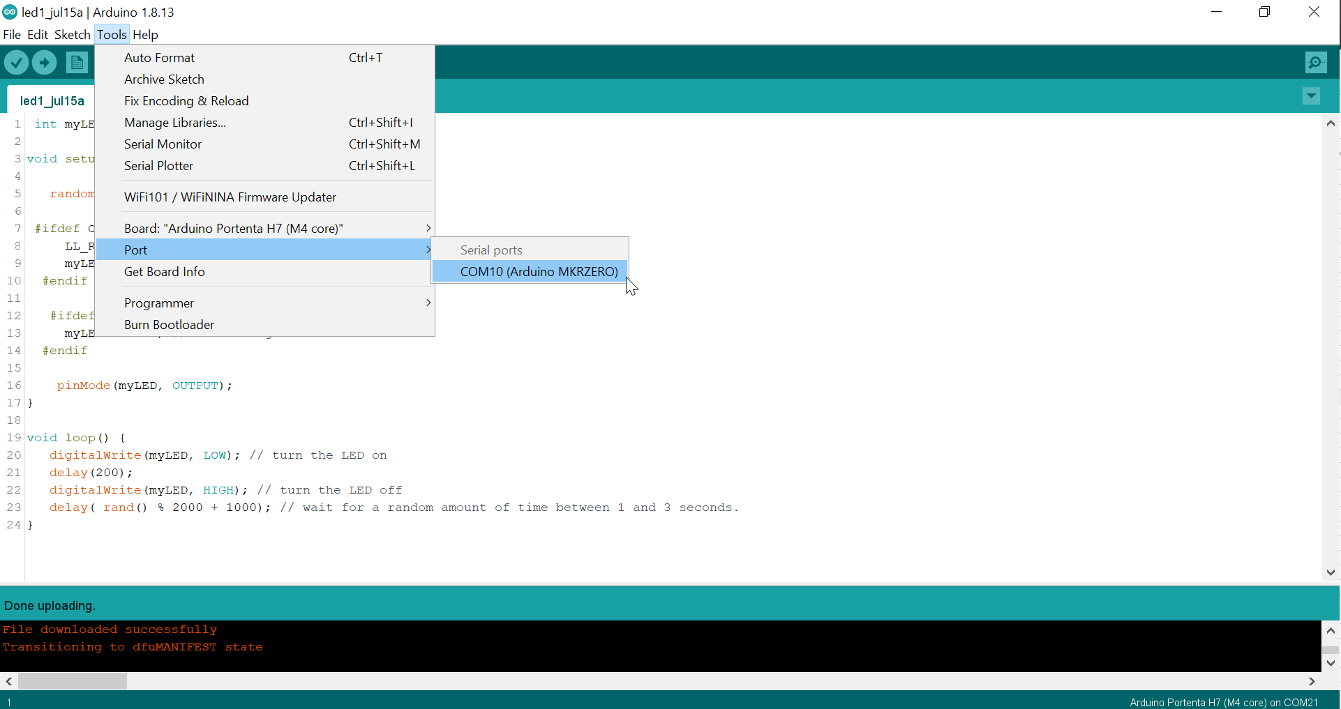 IDE with Port > "COM10(ArduinoMKR ZERO)" selected in Tools menu
