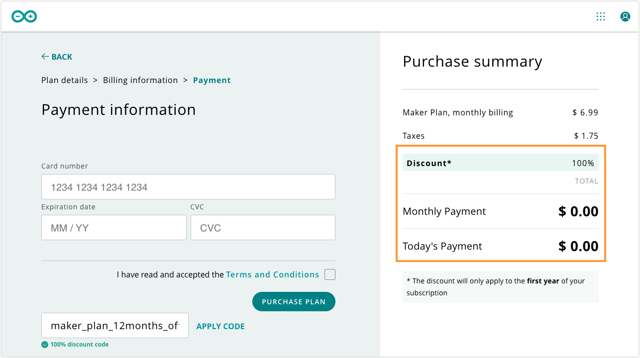 Order summary after applying the discount code.