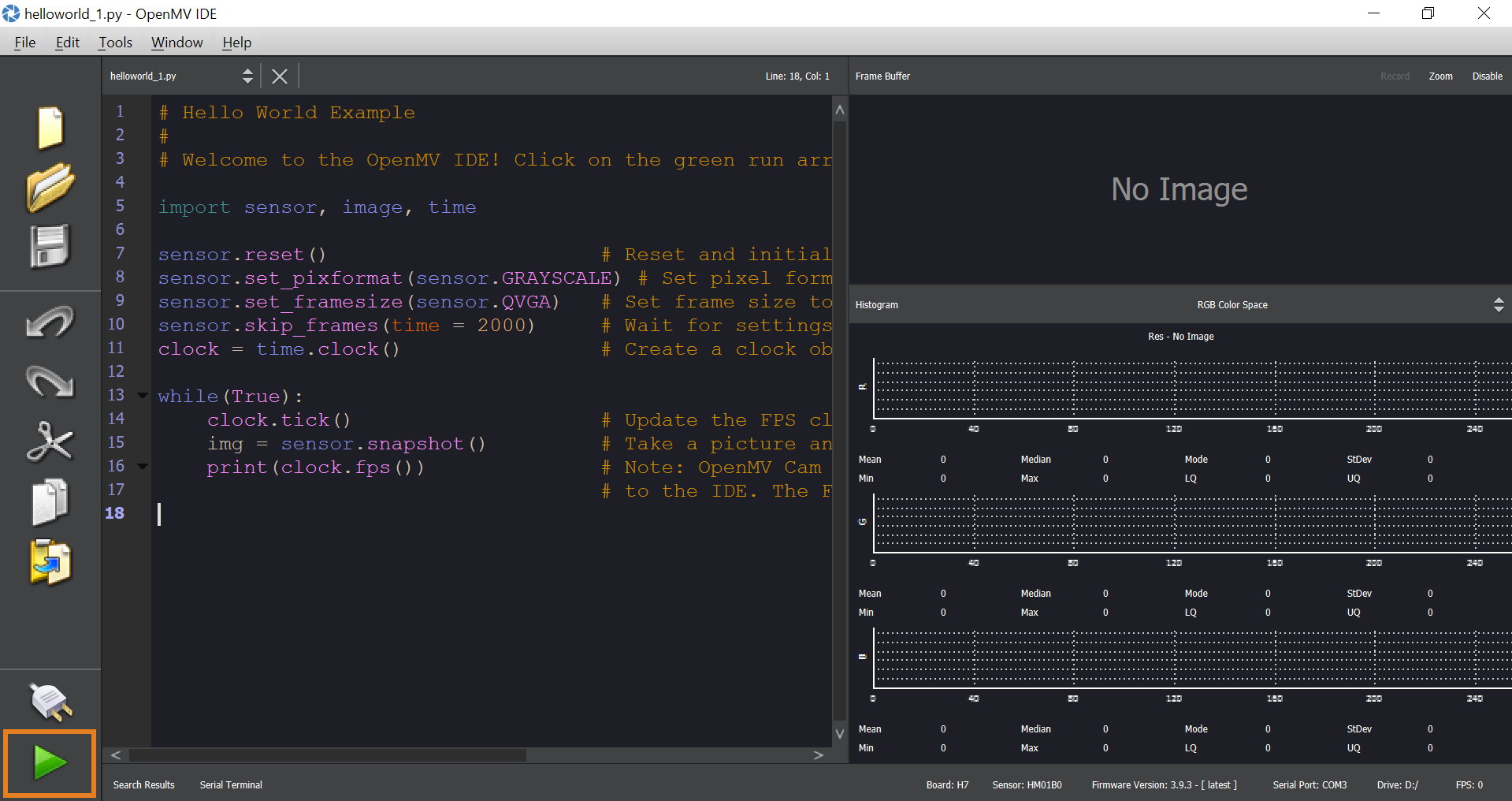 OpenMV IDE with the connect button highlighted
