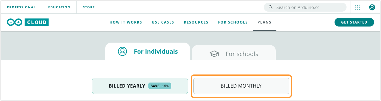 Cloud store page showing "For individuals" tab selected and "Billed Monthly" option highlighted