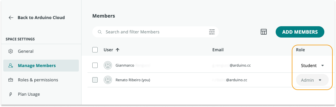 A list of members in the space, inside the "Manage Members" tab. Each row includes the member's username, email and role.