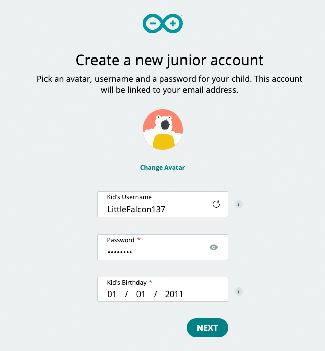 Creating a new junior account.