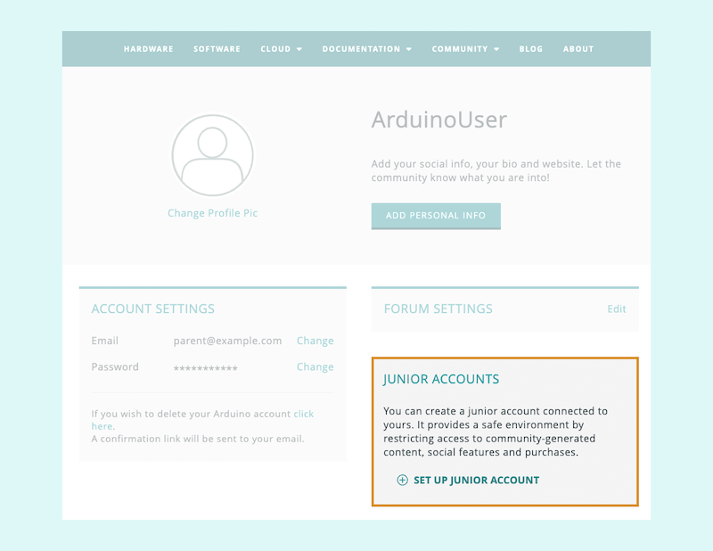 The Junior Accounts section on the profile page.
