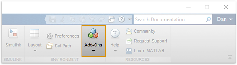 The 'Add-Ons' button in the MATLAB toolstrip.