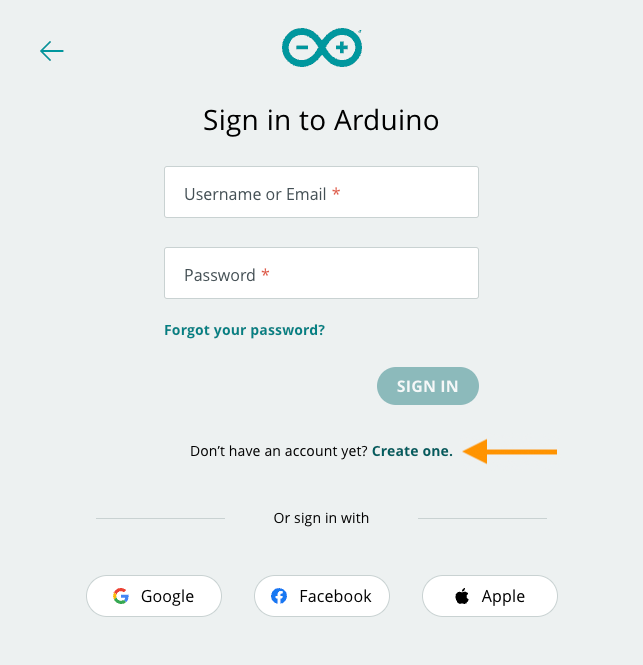 The arduino.cc sign in page. An arrow highlights the link for signing up with email,.