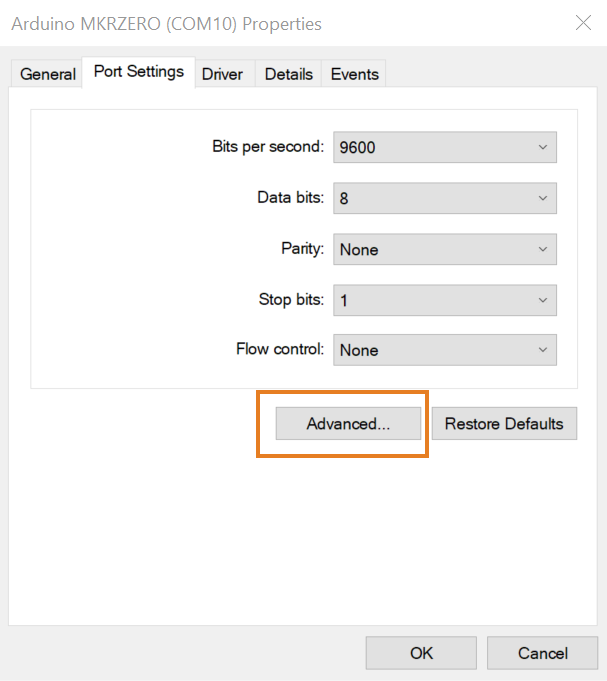 Port Settings tab with "Advanced" button highlighted