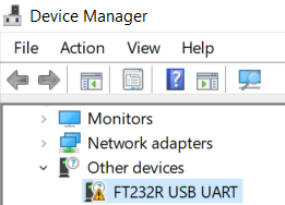 FT232R USB UART device with warning sign, under 'Other devices' in Device Manager