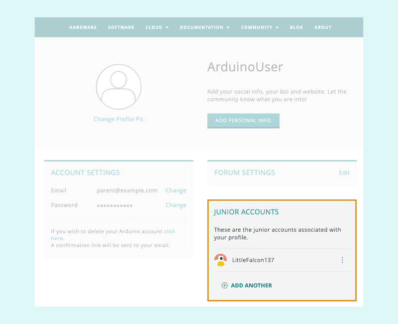 The Junior Accounts section on the profile page with one associated junior account.
