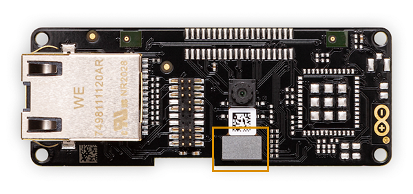 The Portenta Vision Shield (Ethernet version). The metallic plate of the camera shield is highlighted.
