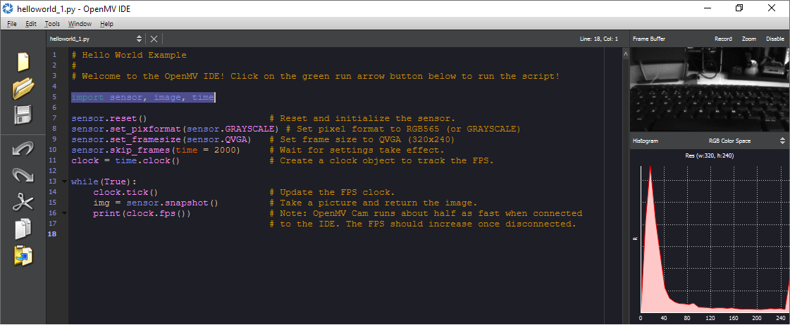 HelloWorld example in the OpenMV IDE