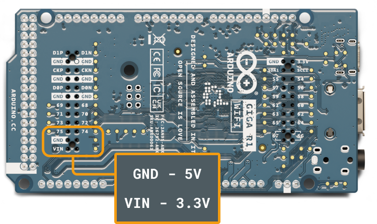 Corrected Arduino GIGA R1 WiFi markings. Highlighted are the 5V pin (right of GND and below 74) and the 3.3V pin (right of VIN).