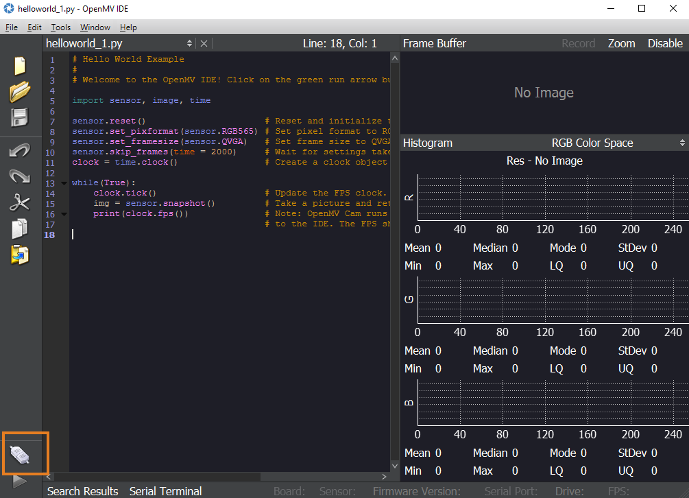 OpenMV IDE with the connect button highlighted