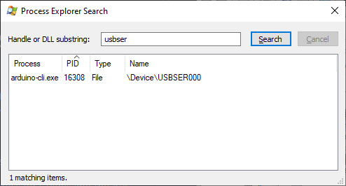 Searching for 'usbser' in Process Explorer Search.