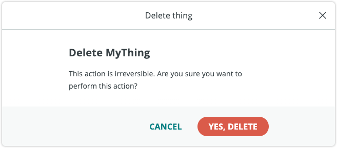 Depicts a dialog with a red "Yes, Delete" button