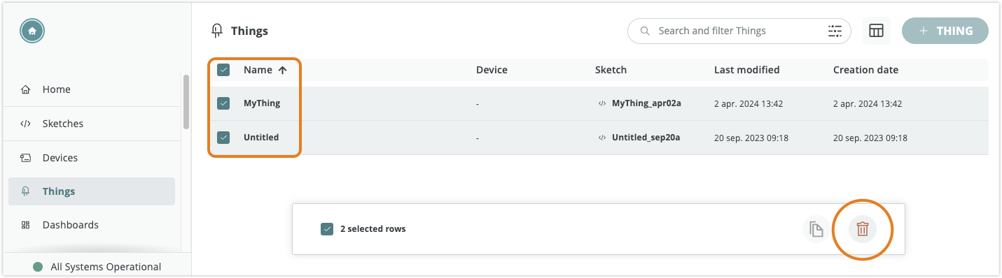 Delete button visible when several Things are selected