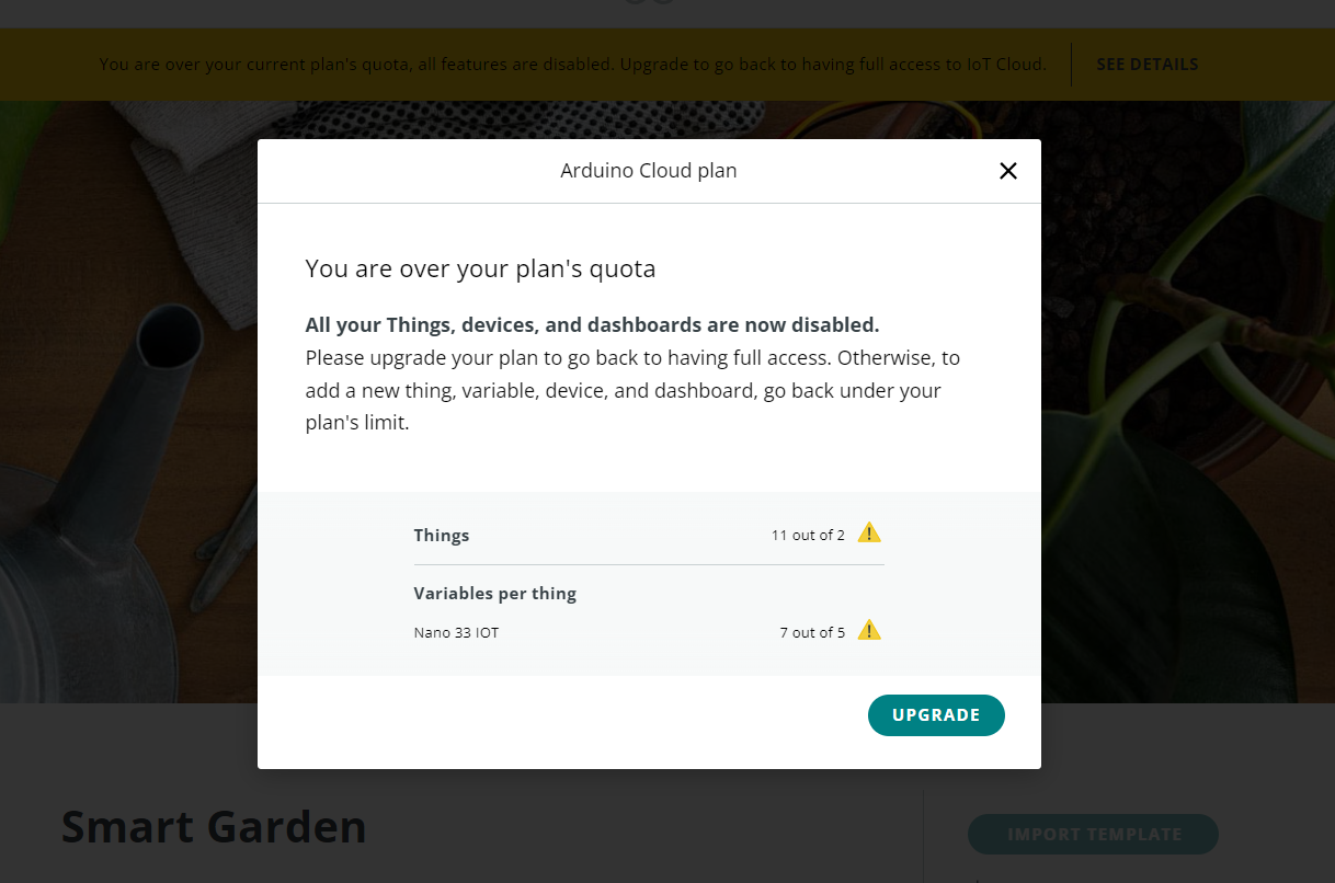 Dialog explaining that the user is over their plan's quota