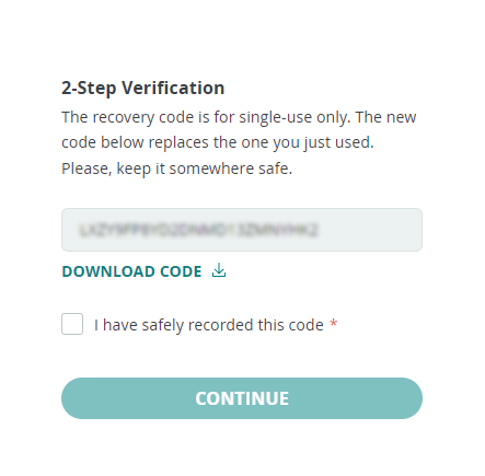 Dialog box with new recovery code