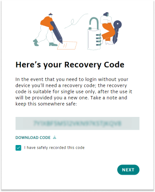 Recovery code written in code box and "I have safely recorded this code" check box