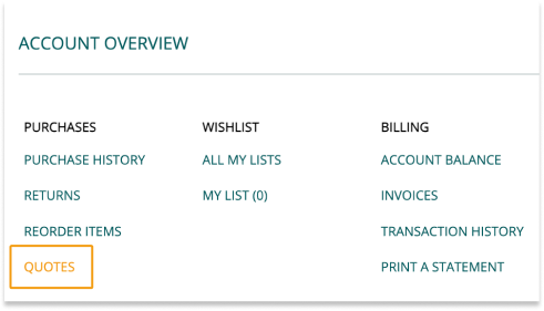Account Overview page highlighting the 'Quotes' option under the Purchases column