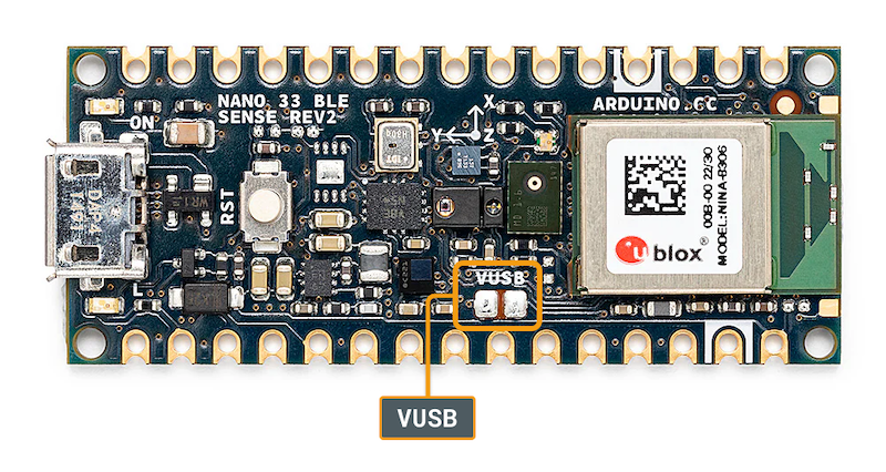 Location of the VUSB jumper pad on the top side of the Nano 33 BLE Sense Rev2.