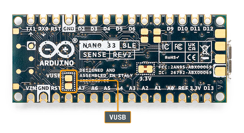 Location of the VUSB jumper pad on the bottom side of the Nano 33 BLE Sense Rev2.