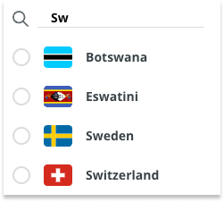 Filtering the list of countries for "Sw".