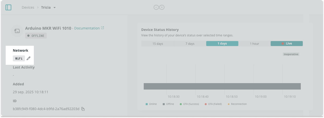 The network credentials name button on the Arduino Cloud device.