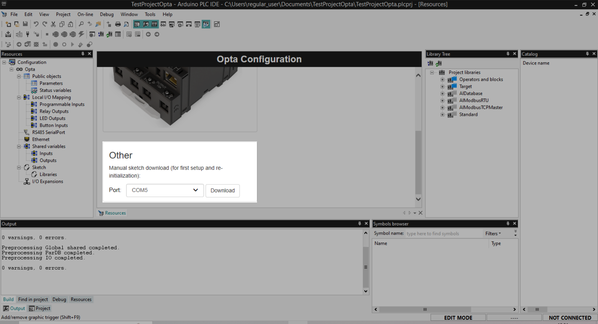 The Device configuration panel in Arduino PLC IDE. Scrolling down has revealed the "Other" section.