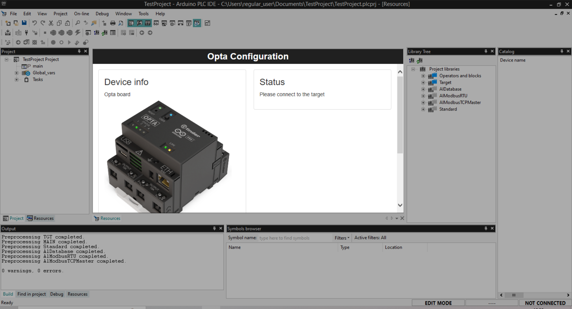 The Device configuration panel in Arduino PLC IDE.