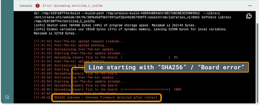 Screenshot of SHA256 Unknown error in Arduino Cloud.