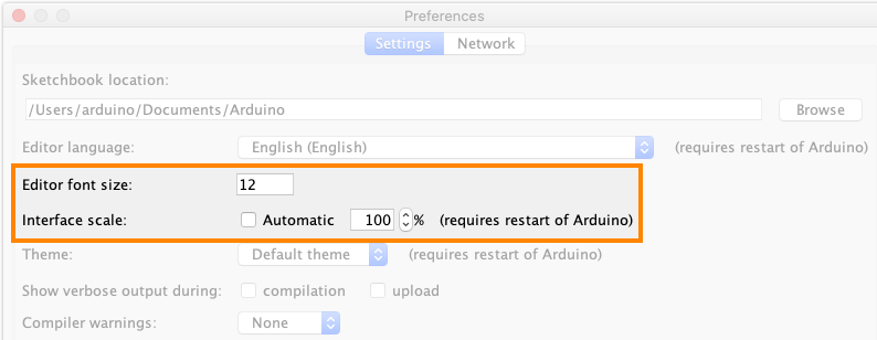 Screenshot of Arduino IDE 1 preferences with Editor font size and Interface scale settings highlighted.