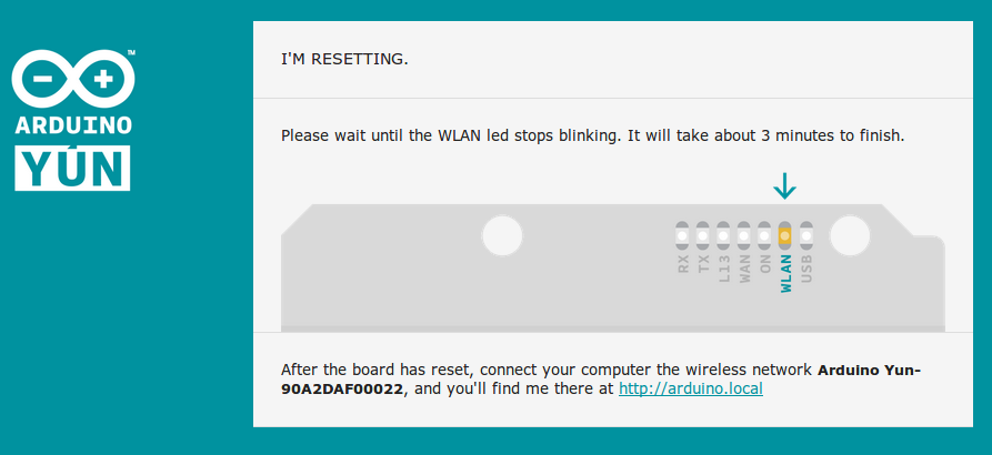 "Wait until the WLAN led stops blinking" message in Arduino's Yún web portal