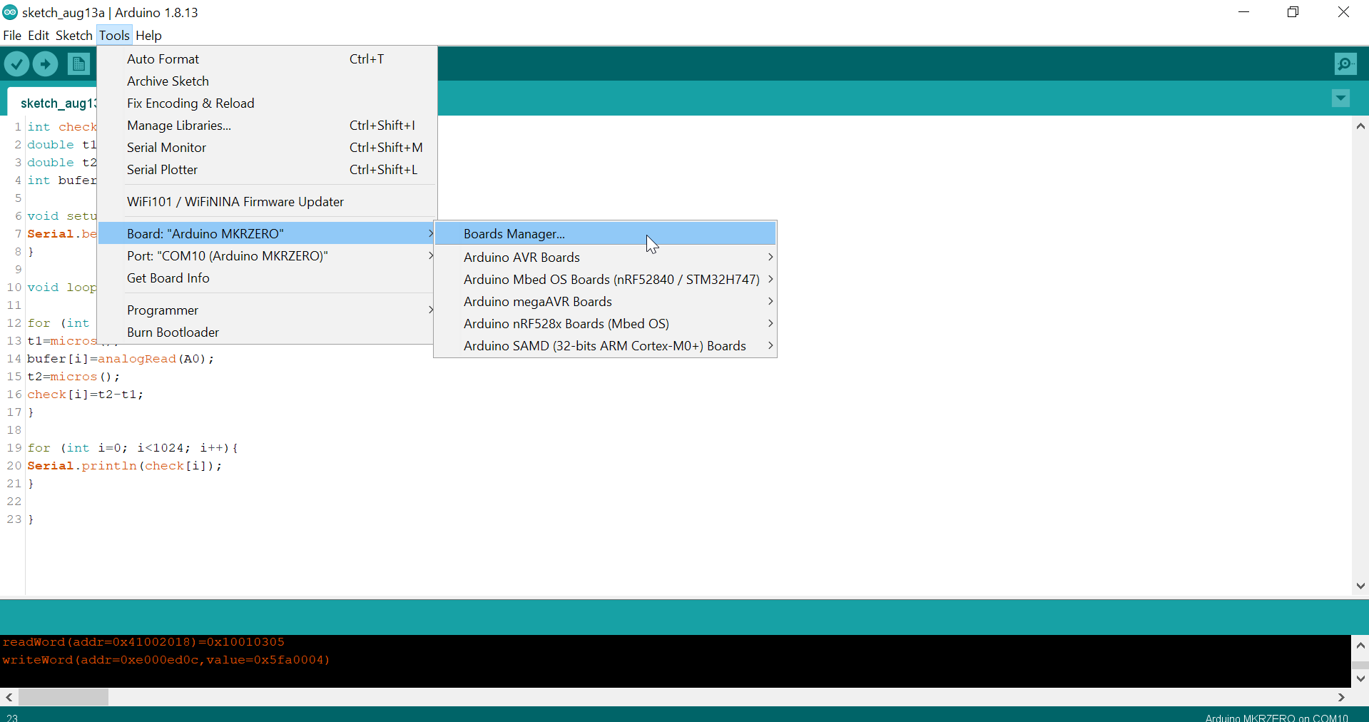 IDE with Board > Boards Manager selected in Tools menu