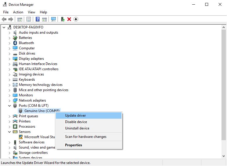 "Update Driver" selected in Device Manager