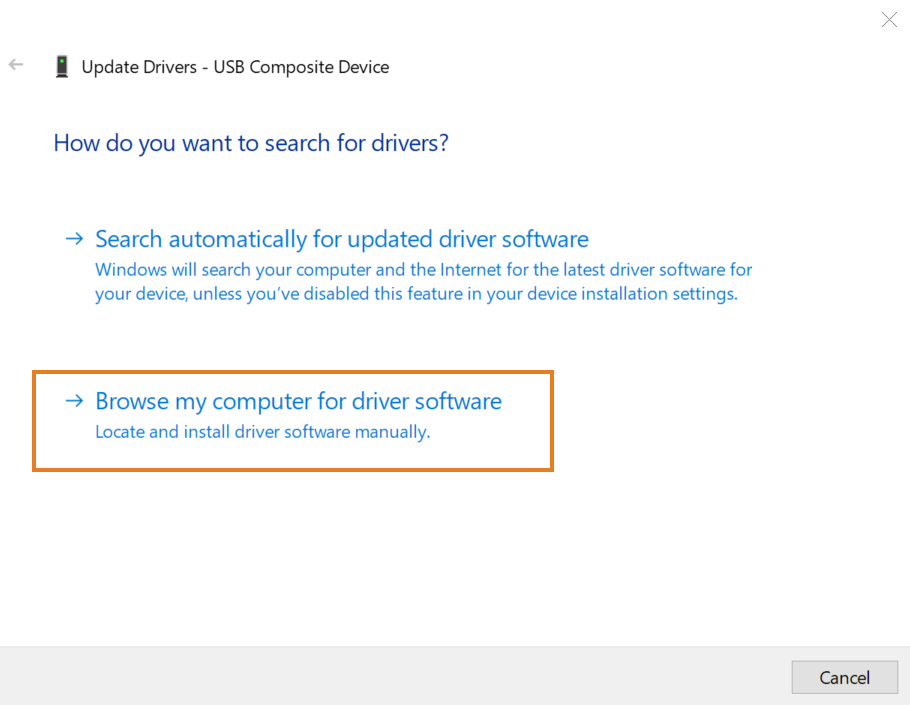 "Browse my computer for driver software" option highlighted