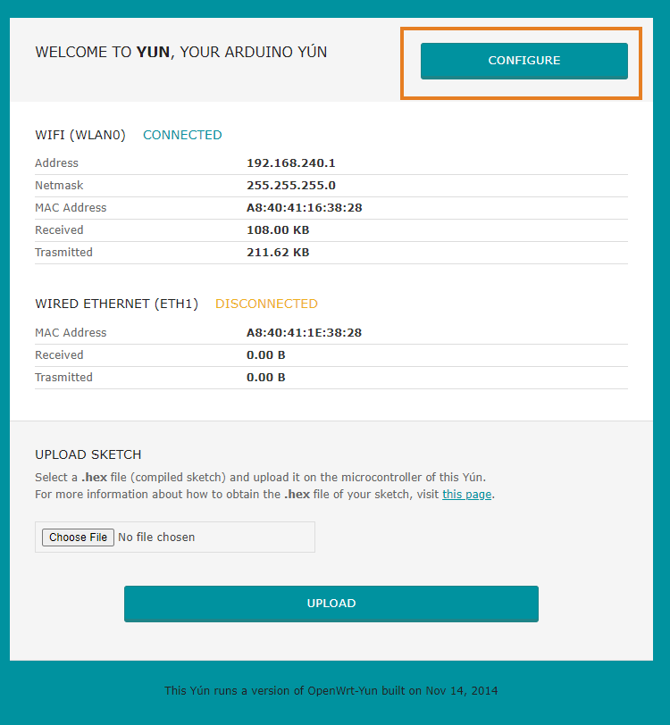 "Configure" button highlighted in the Yún web portal